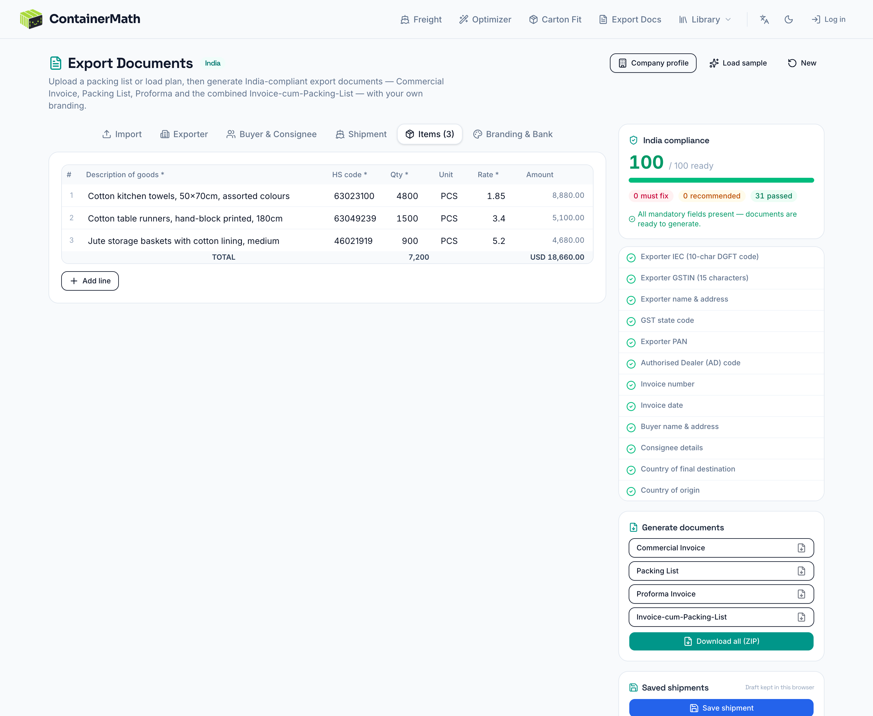 Export Documents workspace with the items editor, compliance checklist and document generation buttons