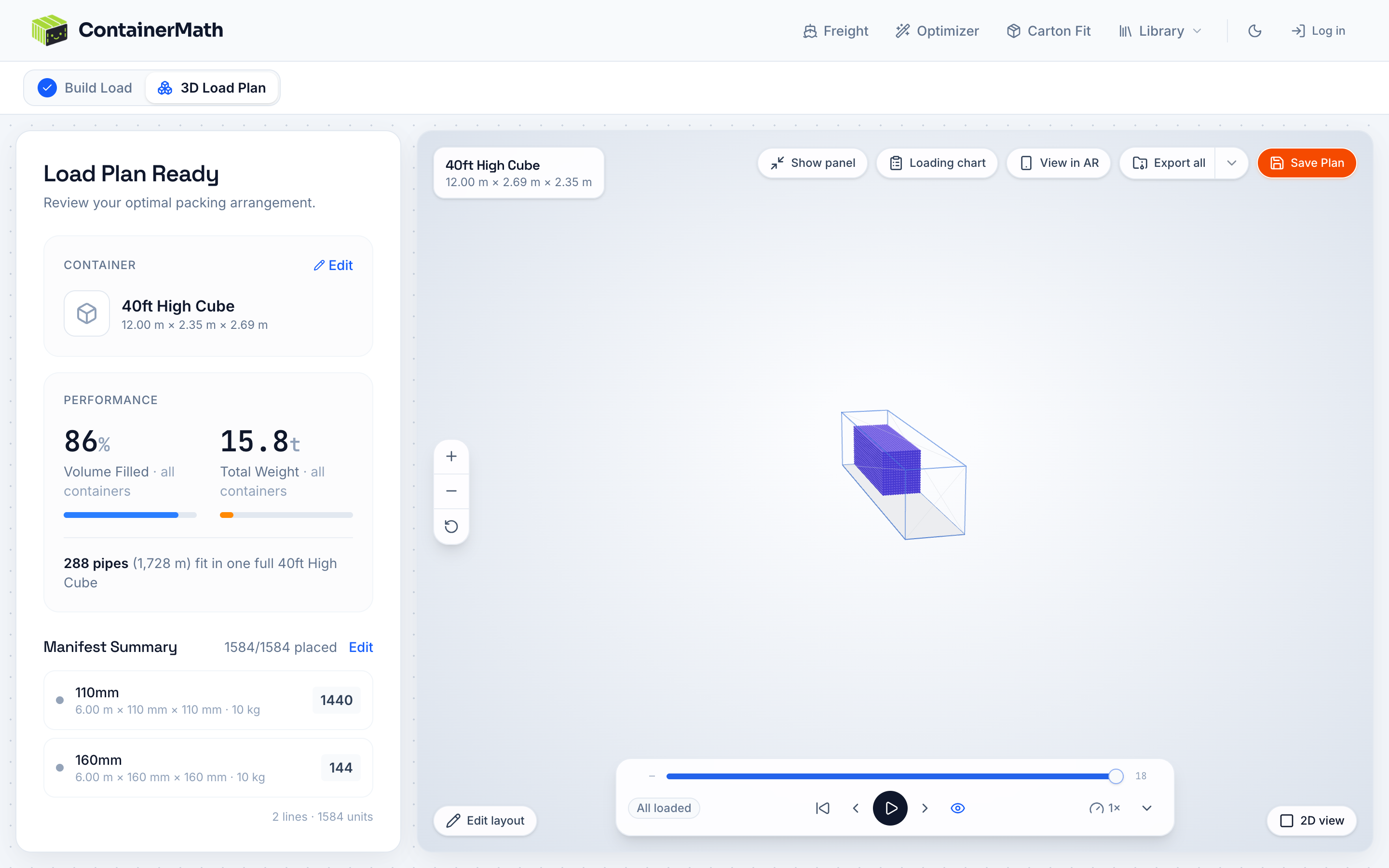 Results panel with the interactive 3D load view